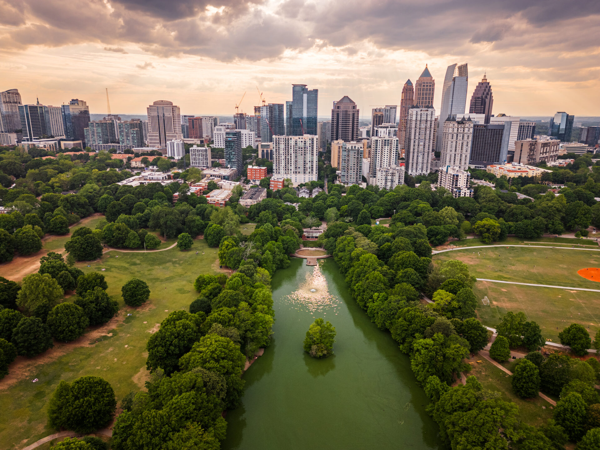 Atlanta, Georgia, USA overlooking Piedmont Park at dusk.
