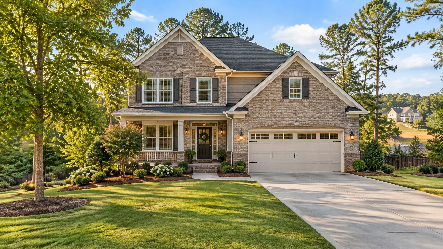Two-story brick suburban house with garage Two-story brick suburban house with garage