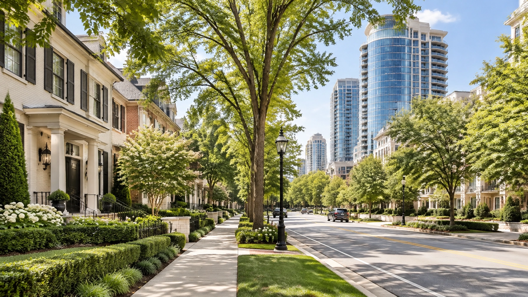 Tree-lined city street with townhouses and skyscrapers Tree-lined city street with townhouses and skyscrapers