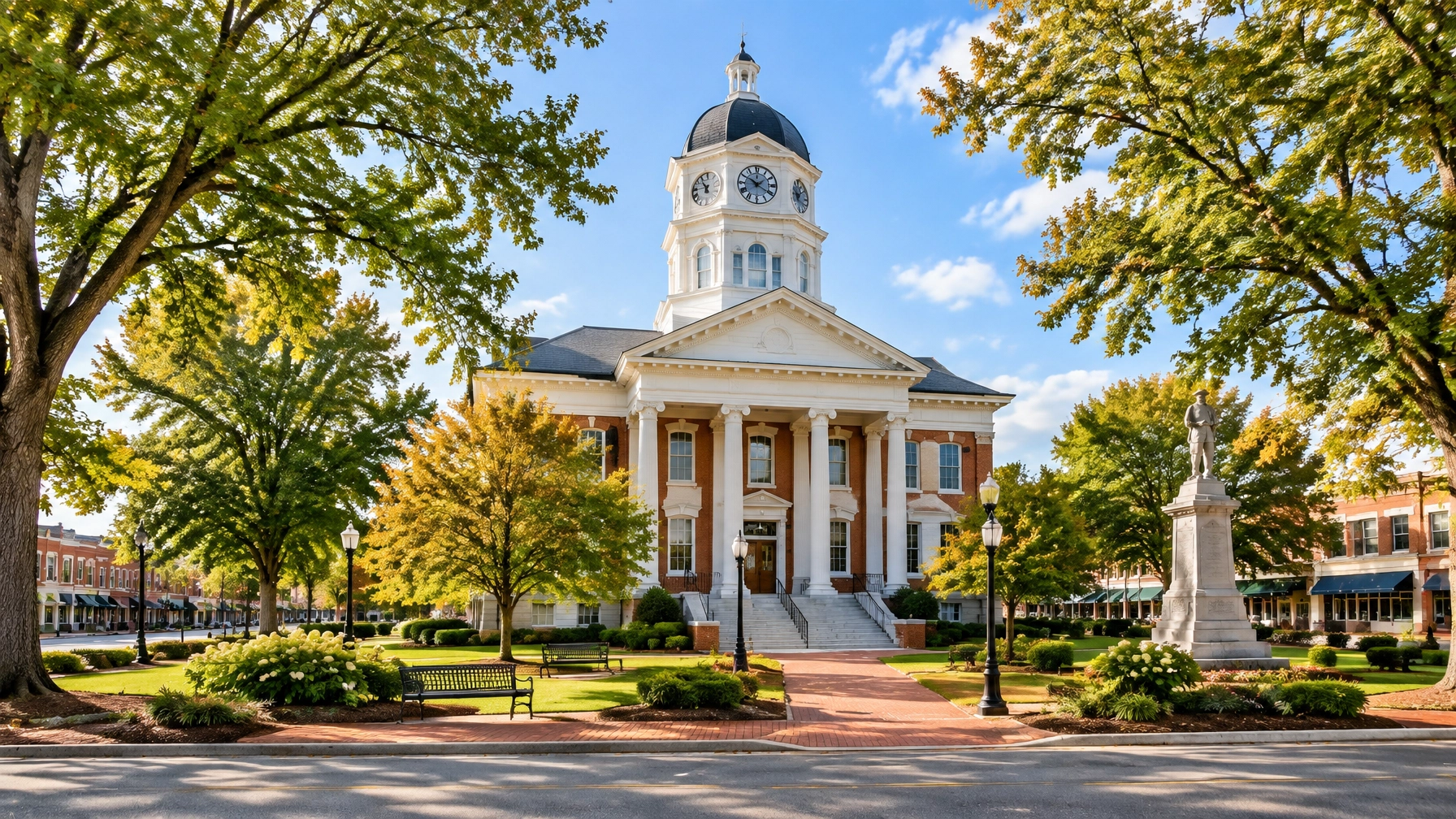 Historic courthouse with clock tower and columns Historic courthouse with clock tower and columns