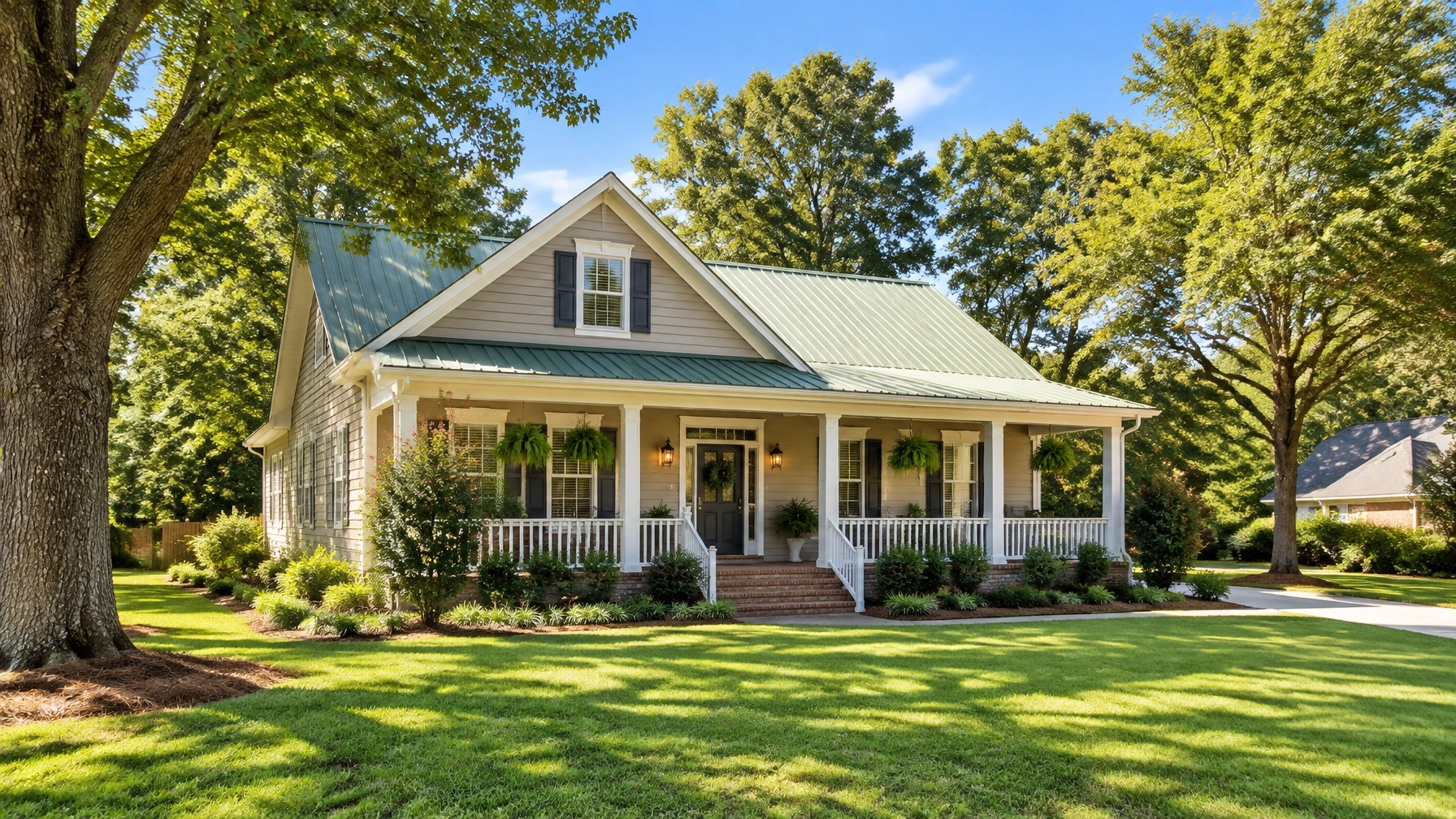 Suburban cottage with porch and green roof Suburban cottage with porch and green roof