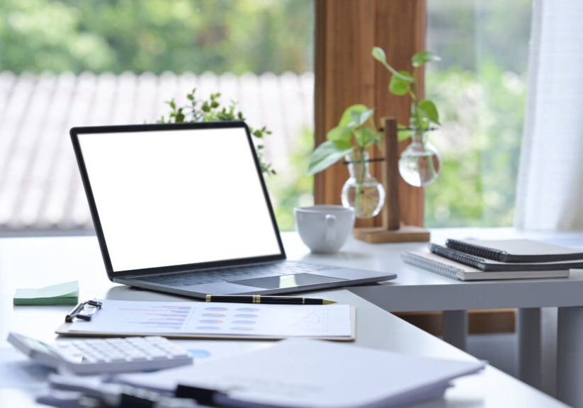 Comfortable workplace with computer laptop, documents, coffee cup and houseplant on white table.
