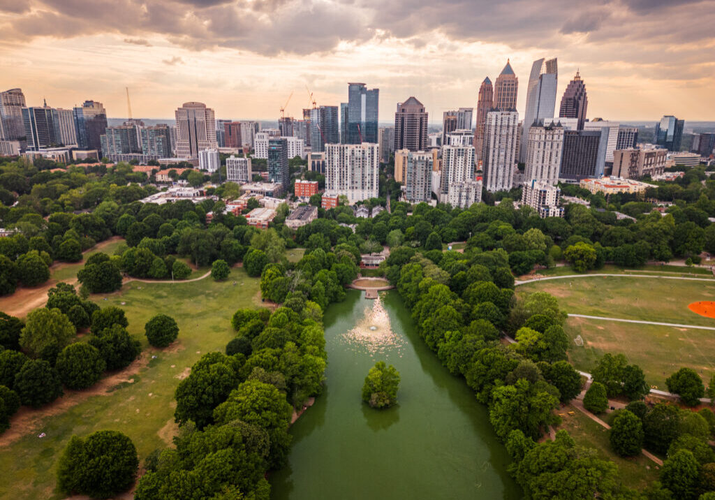 Atlanta, Georgia, USA overlooking Piedmont Park at dusk.
